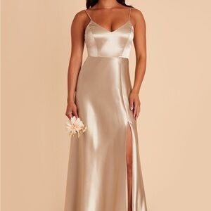 Birdie Grey Satin V-Neck Spaghetti Strap Gown in Neutral Champagne NEW with tags